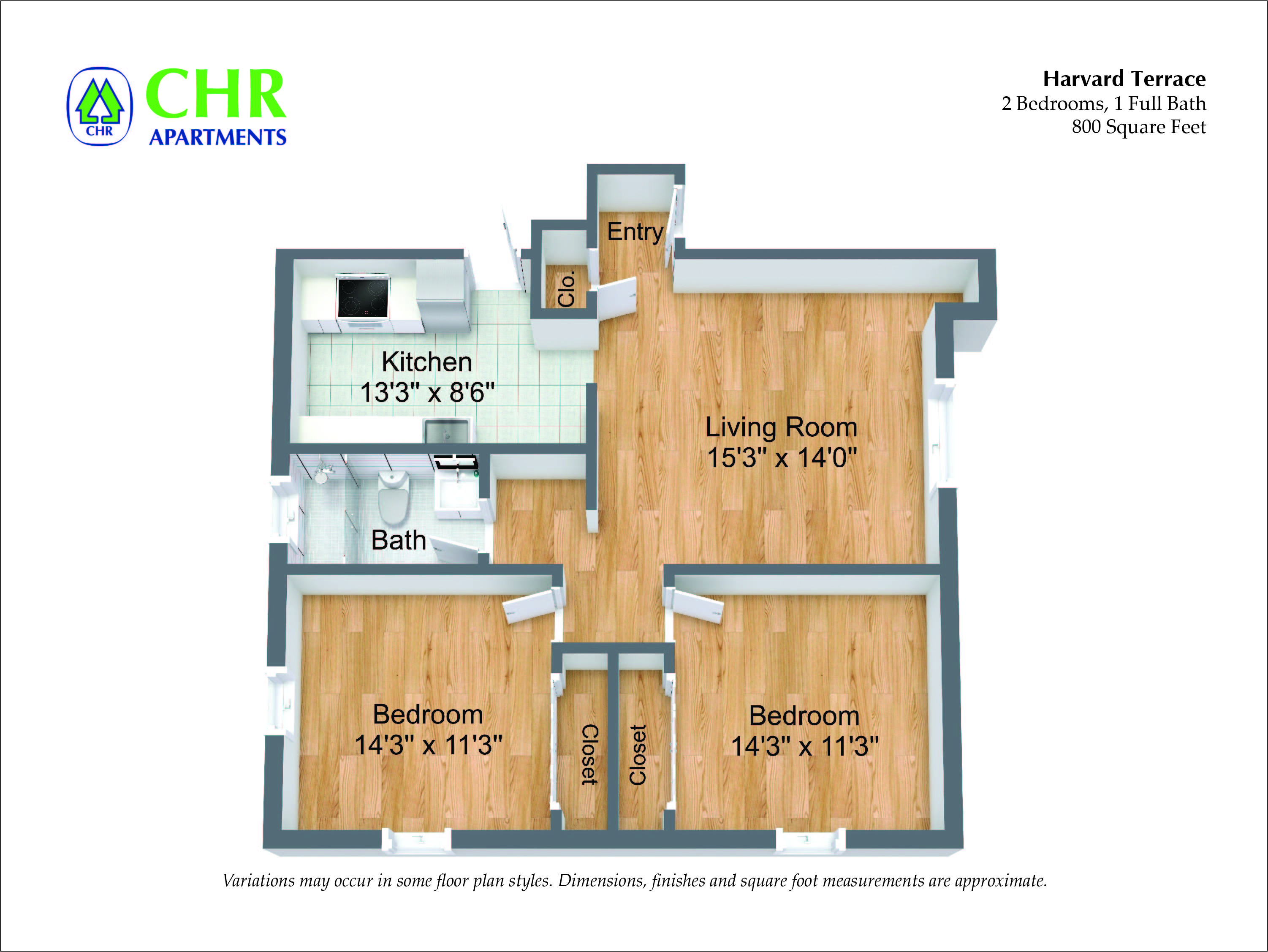 Floor plan for 2 beds, 1 bath, 965 sqft